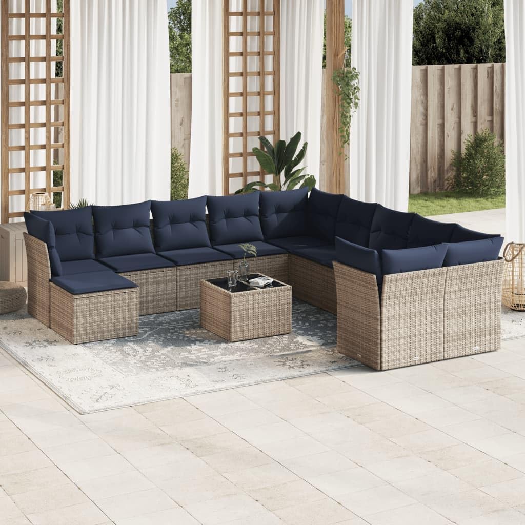 12 Piece Gray Poly Rattan Patio Sofa Set with Navy Cushions, Modular Outdoor Furniture for Backyard, UV-Proof Garden Lounging