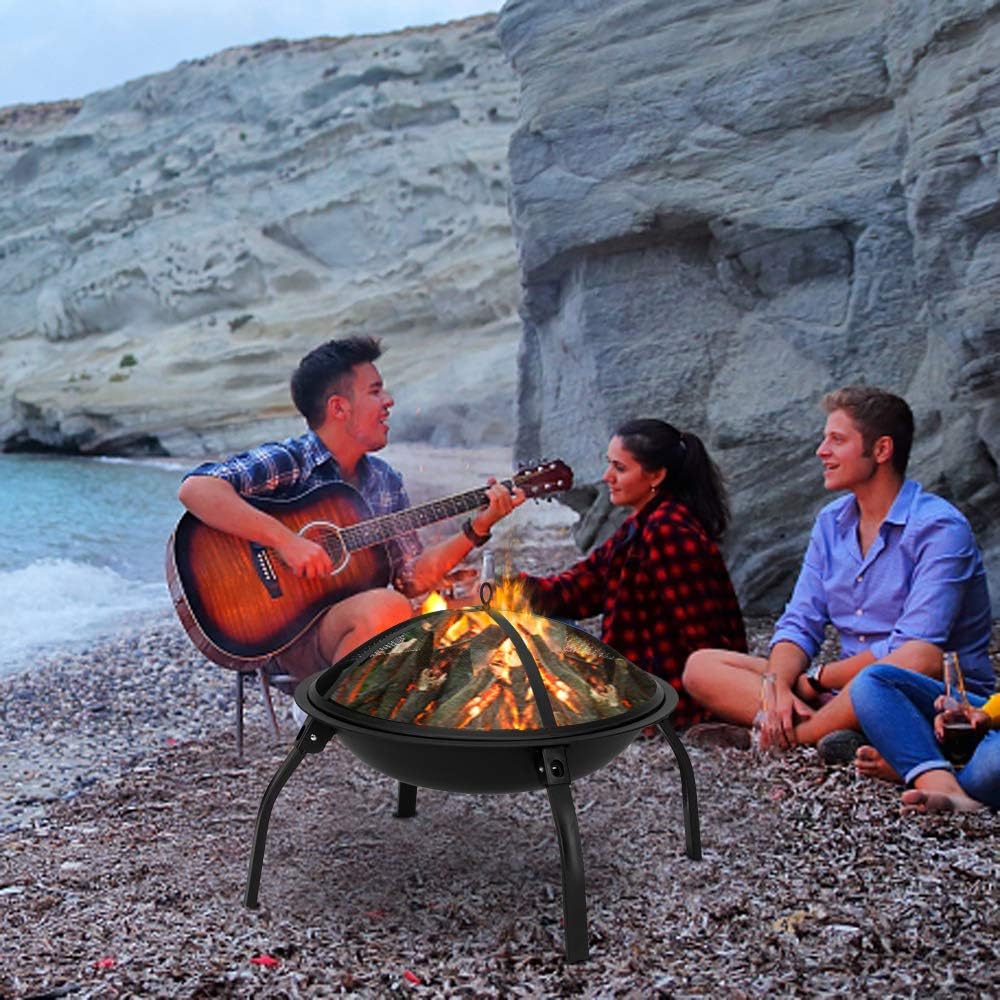 Outdoor Fire Pit Fireplace Portable Firepit Iron Brazier Wood Burning Coal Pit Fire Bowl Stove with Mesh Screen Lid Poker for Camping Patio Garden Backyard Beach Picnic (21.65