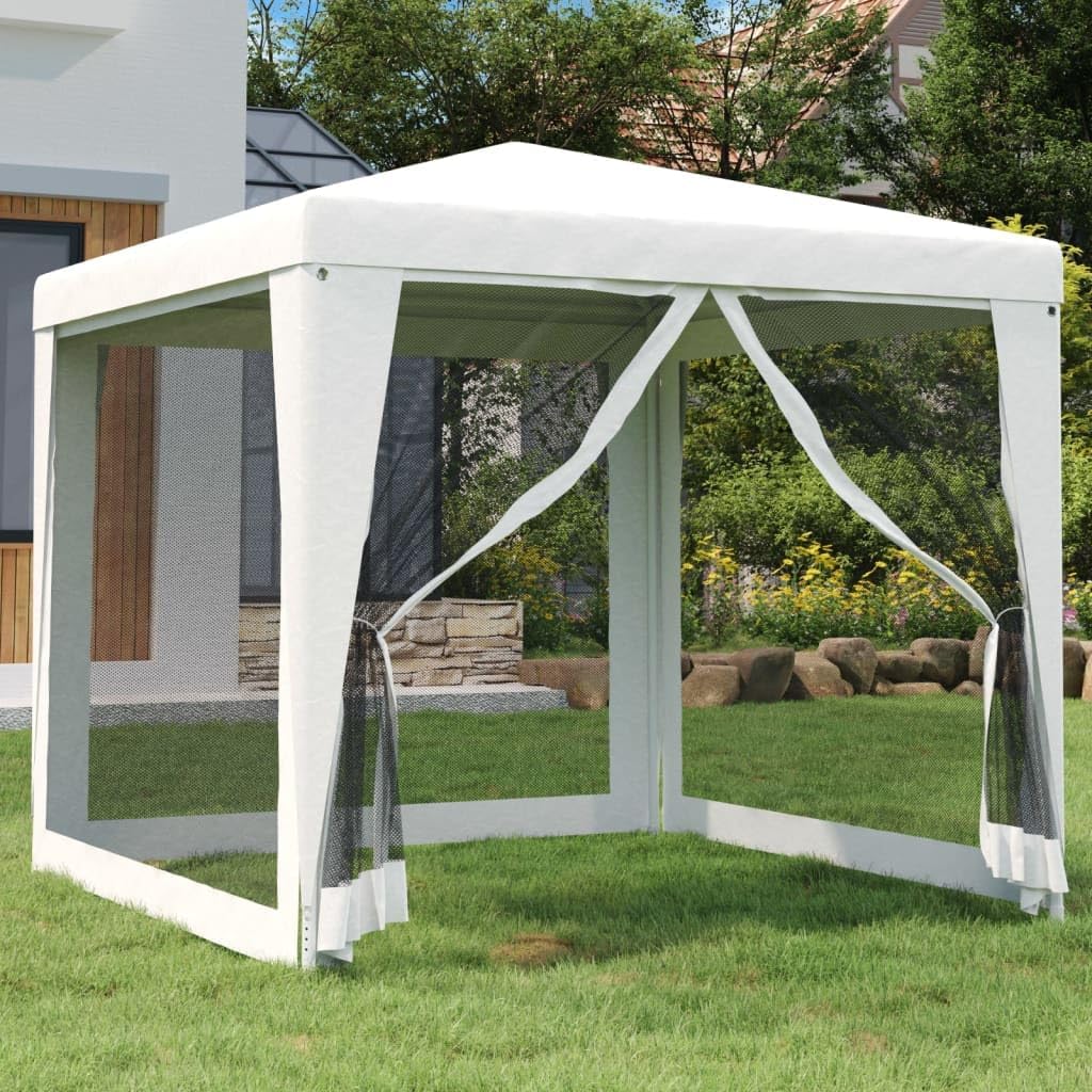 White Party Tent with 4 Mesh Sidewalls, 8.2'x8.2' Outdoor Canopy Gazebo for Weddings, BBQs, Festivals Outdoor Structures
