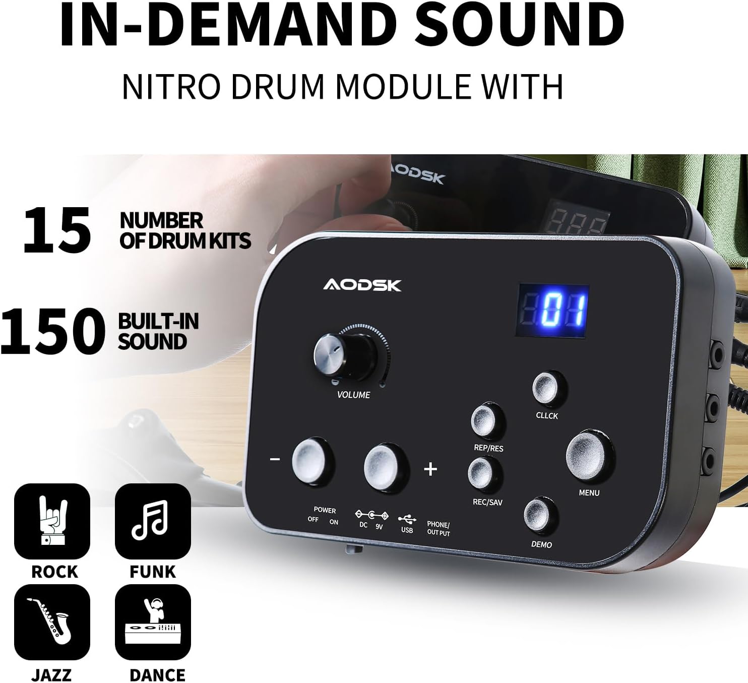 AODSK Electric Drum Set for Beginner with 150 Sounds,4 Quiet Drum Pads,2 Pedal,Throne,Sticks,Electronic Drum with Headphone,AED-400