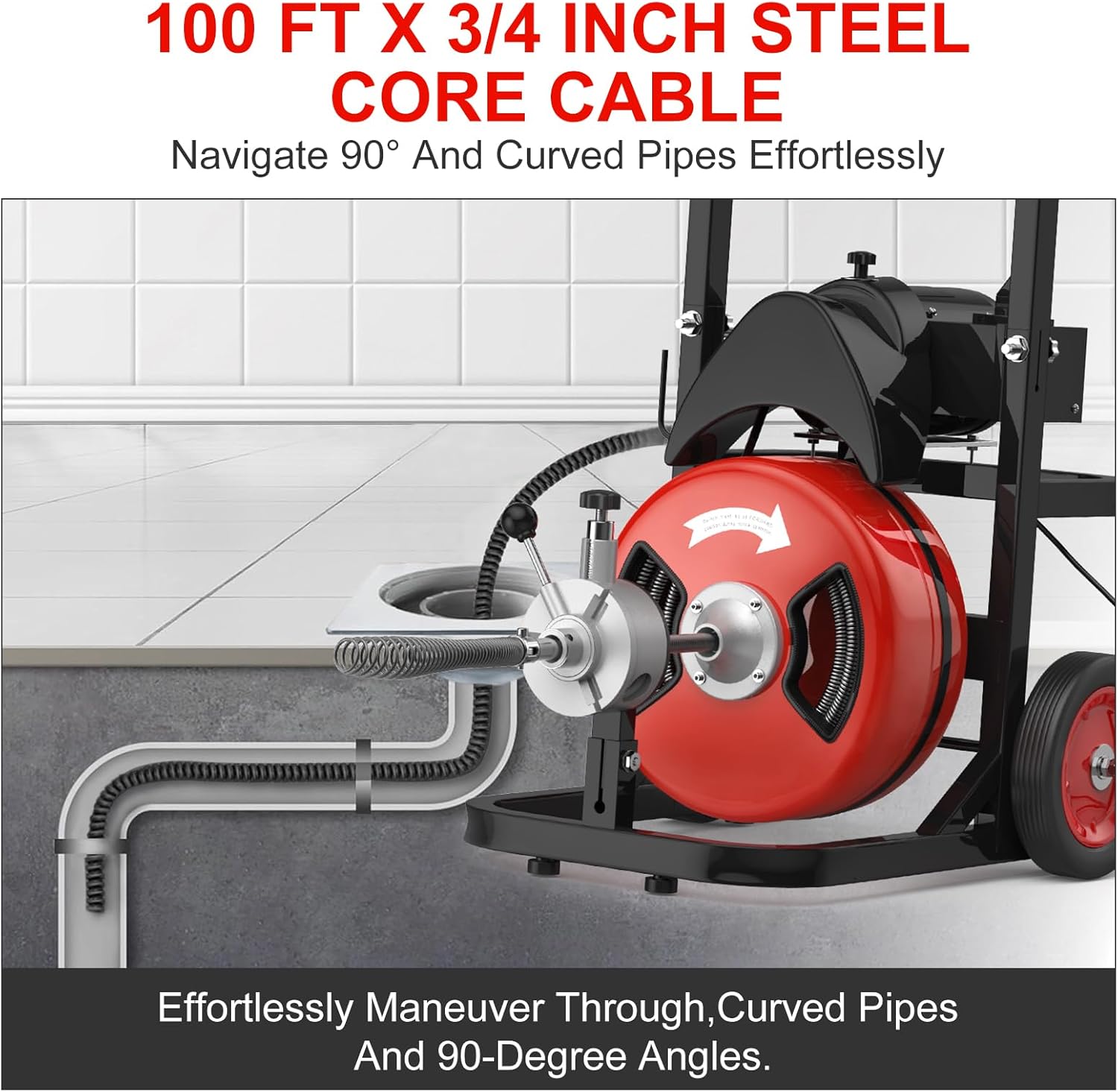 Drain Cleaner Machine, 100FT x 1/2 Inch Auto Feed Sewer Snake Auger, 450W Electric Drain Auger, Sewer Snake with 6 Cutters and Pneumatic Foot Switch, for 2