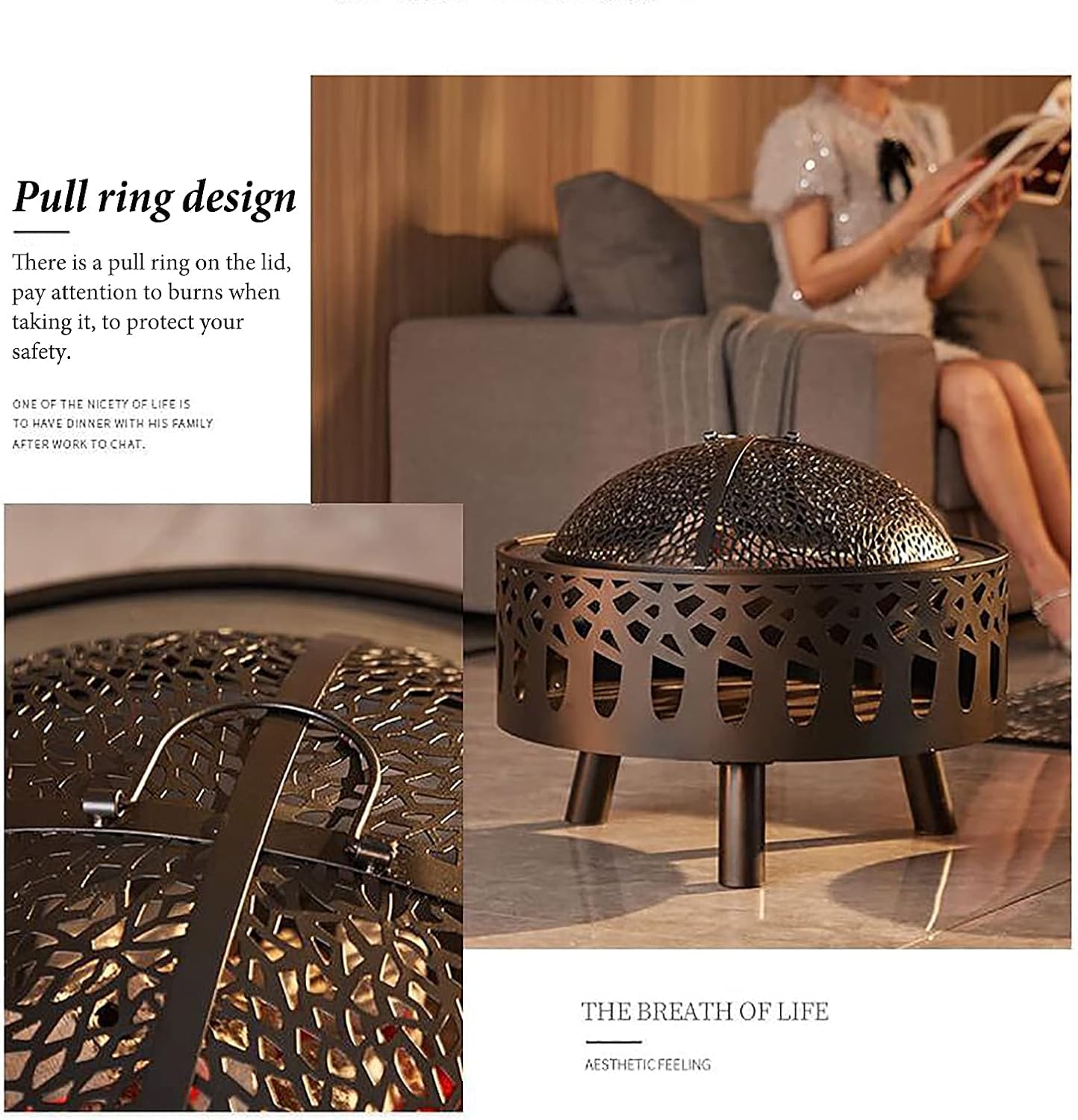 Patio Heaters Fire Pit with BBQ Grill Shelf Log Wood Charcoal Burner Brazier 58.8CM Diameter Fire Pit for Outdoor