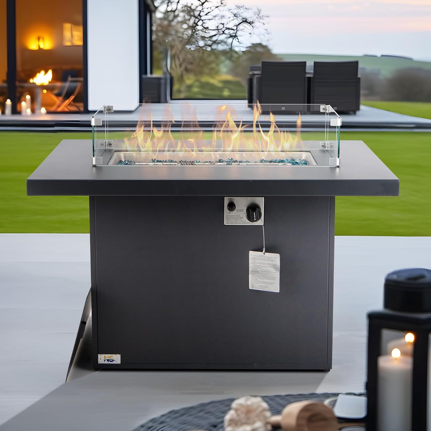 NICESOUL 43'' Aluminum Fire Pit Table, 60,000 BTU Propane/Natural Gas Outdoor Firepit with Wind Guard & Glass Rocks, All-Weather Rectangular Fireplace for Outside Patio CSA-Certified, Ember Black