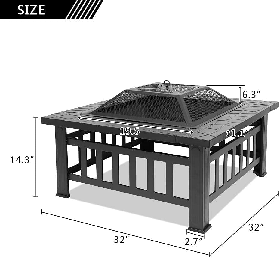 Fire Pit with BBQ Grill Shelf with BBQ Grill Shelf,Outdoor Metal Brazier Square Table Firepit Garden Patio Heater/BBQ/Ice Pit with Waterproof Cover