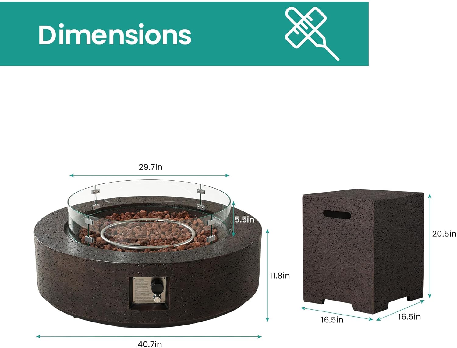 SUNBURY 42in Round Propane Outdoor Fire Pit, Gas Patio Fire Table, CSA Certified, 50,000 BTU Circular Base Firepit with Lava Rocks, Wind Guard, Propane Tank Cover, Waterproof Cover (Brown)