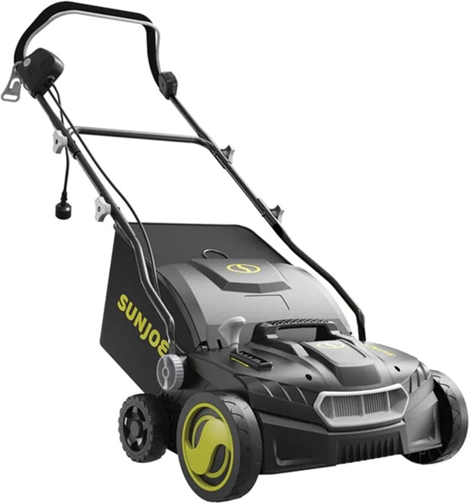 Sun Joe Electric Lawn Dethatcher & Scarifier w/ 13.2-Gal Bag, 15 Amp, 15 Inch, Black/Green - Heavy-Duty Corded Gardening Machine and Equipment for Lawn, Yard, and Grass, AJ808E