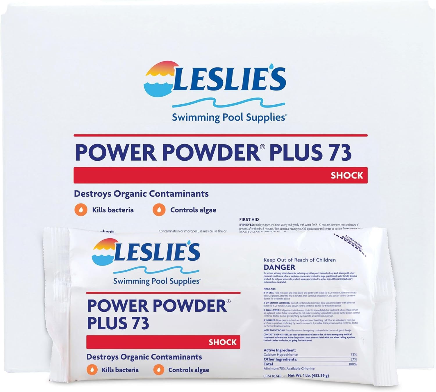 Leslie's Power Powder Plus 73-73% Calcium Hypochlorite Pool Shock, Fast-Dissolving Chlorine Granules, Eliminates Bacteria & Algae - Low Residue, Non-Stabilized, 70% Available Chlorine - 12 x 1 Pound