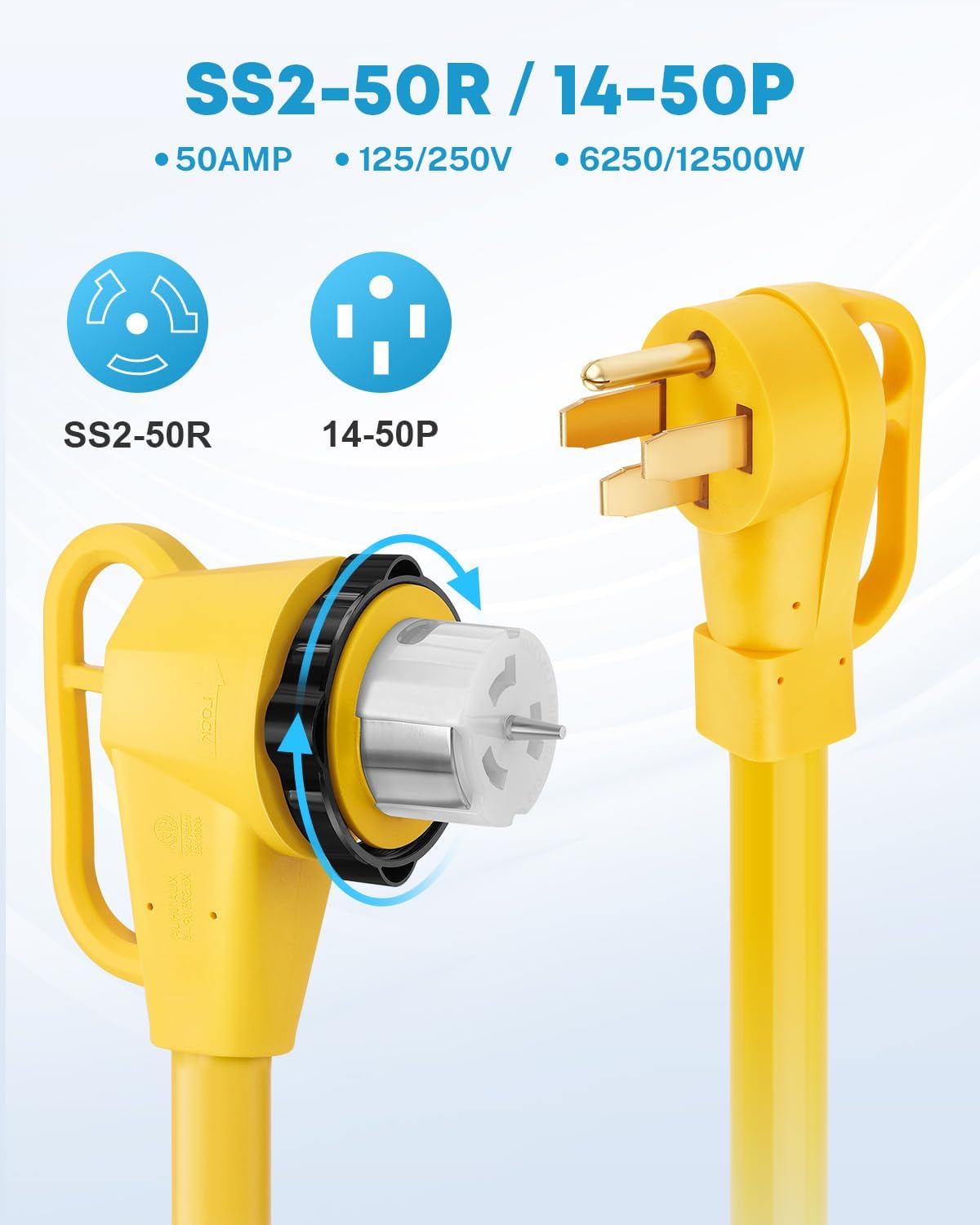 Kohree 50 Amp Generator Extension Cord, 10FT 50 Amp RV Extension Cord with Twist Lock, NEMA 14-50P/SS2-50R Heavy Duty 6/3+8/1 AWG Generator Cable 50A 4 Prong, RV Power Extension Cord Wire for RV House