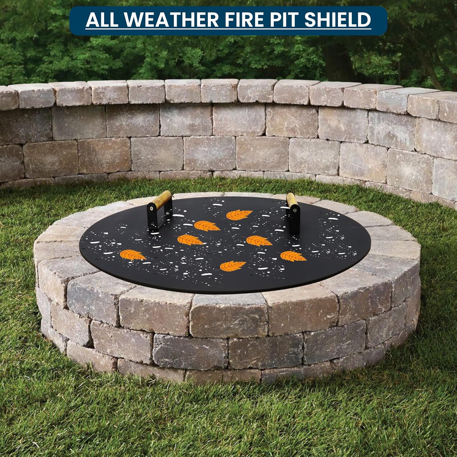 34” Fire Pit Cover Lid Round - Fit for 32” Round Fire Pit Lid for Outdoor Fireplace Cover Lid Steel fire pit metal cover W/ 2 Wooden Handles & Heat Resistant Snuffer Lid for Patio Fire Pit Ring