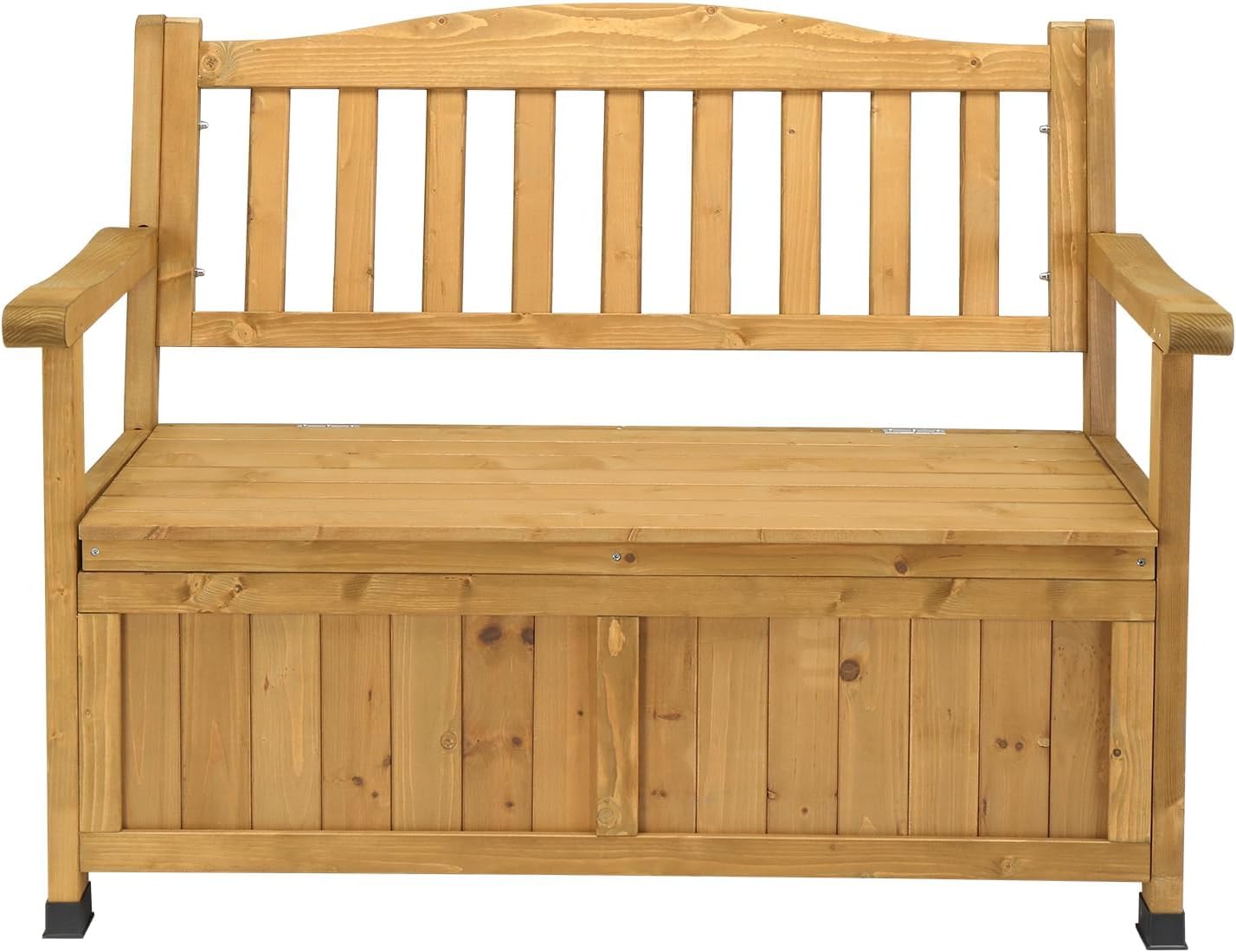 Waterproof Outdoor Storage Bench, Wood Patio Storage Bench with Backrest Armrest, Outdoor Bench with Storage for Deck, Porch, Patio, Garden, Park, Yellow