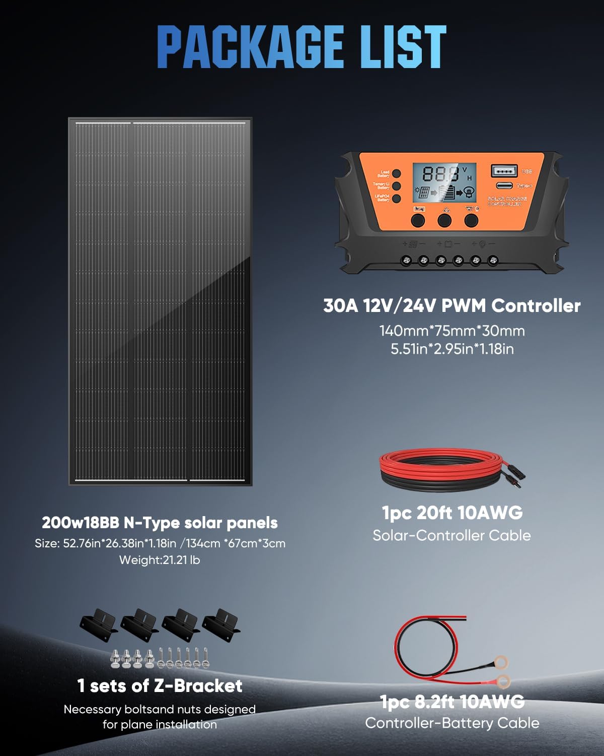 200 Watt Solar Panel Kit, 18BB 200W N-Type Solar Panels 25% Efficiency, 30A Charge Controller, 10AWG Solar Cable and Tray Cable, Black Z Brackets, for Off-Grid System, Boat, Camper