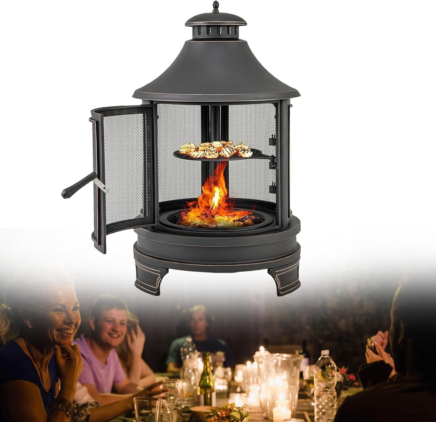 2-in-1 Outdoor Fire Pit with Grill, Black, Round, Metal, Wood