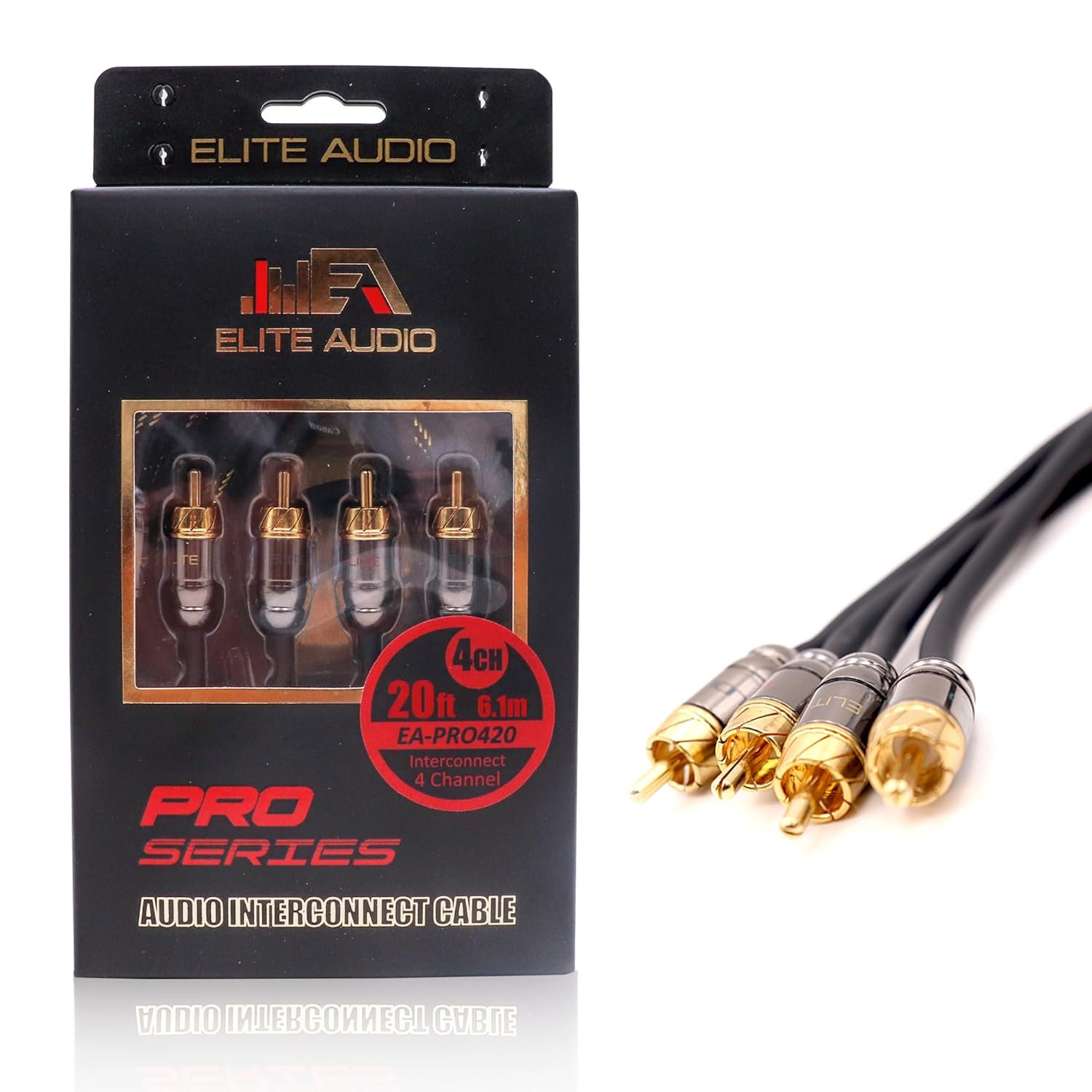 Elite Audio Pro Series 20ft. 4-Channel Car Audio RCA Cable - Triple Shielded, Brass Connectors, Oxygen Free Copper Noise Reducing Audio Cable for Amplifiers Subwoofers Speakers and Processors – PRO420