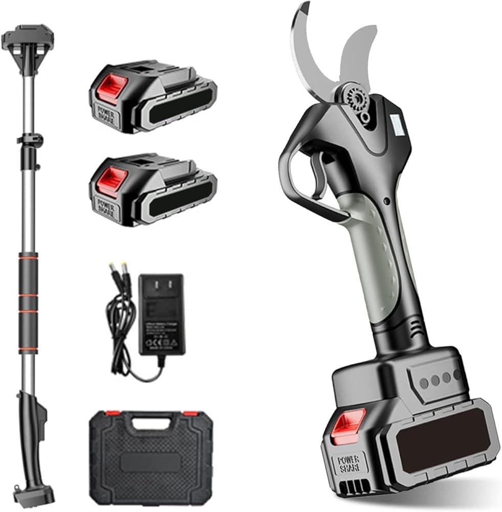 Electric Pruning Shears, 40mm Electric Garden Secateur with Brushless Motor Long Reach Pruner Branch Scissors 10-12 Hours Working Hours 2 Battery Powered