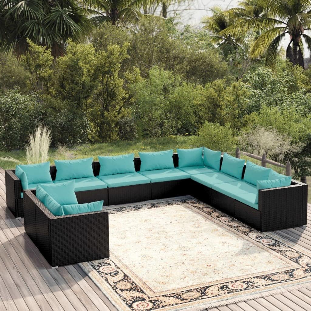 10 Piece Patio Lounge Set with Cushions Black Poly Rattan,Premium Patio Lounge Set: Cozy Ambiance for Outdoor Relaxation Patio Furniture Sets, Outdoor Furniture Sets
