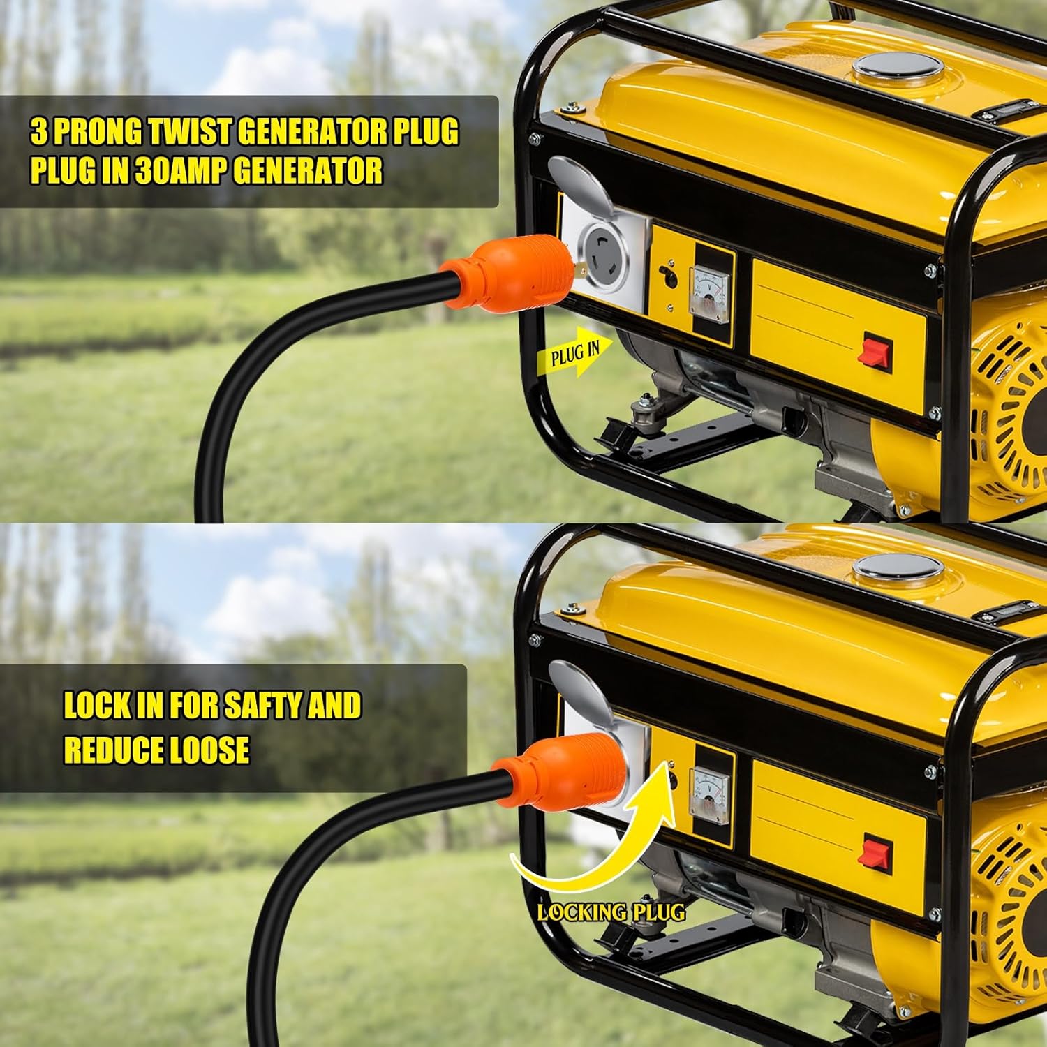 NEMA L5-30P to L14-30R Generator Transfer Switch Adapter Cord, 30 Amp Locking L5-30P Male to L14-30R Female Locking Ring Generator to House Inlet Box Adapter, STW 10 AWG, ETL Listed (25ft)