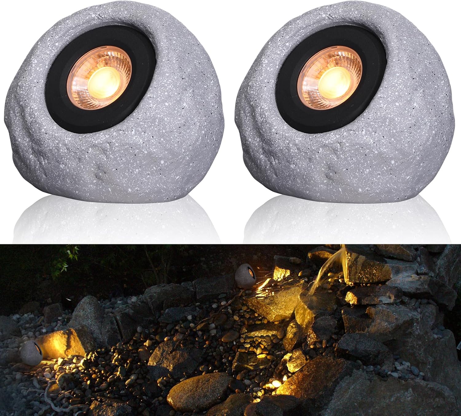 LEONLITE 5CCT LED Rock Lights Outdoor, 5W Low Voltage Landscape Spot Light for Garden, Yard, Decorative Stone Light, 12-24V AC/DC, CRI90, 200lm, IP65 Waterproof, Round, Light Gray, Pack of 2