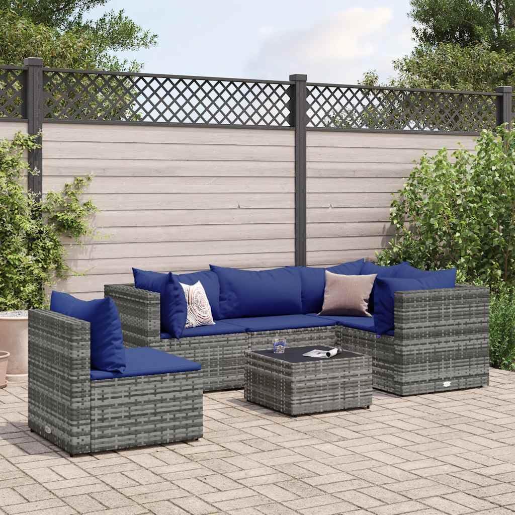 6 Piece Patio Lounge Set with Cushions Gray Poly Rattan,Elegant Outdoor Lounge Set: Durable Rattan Furniture for Backyards, Terraces, and Patios Patio Furniture Sets, Outdoor Furniture Sets