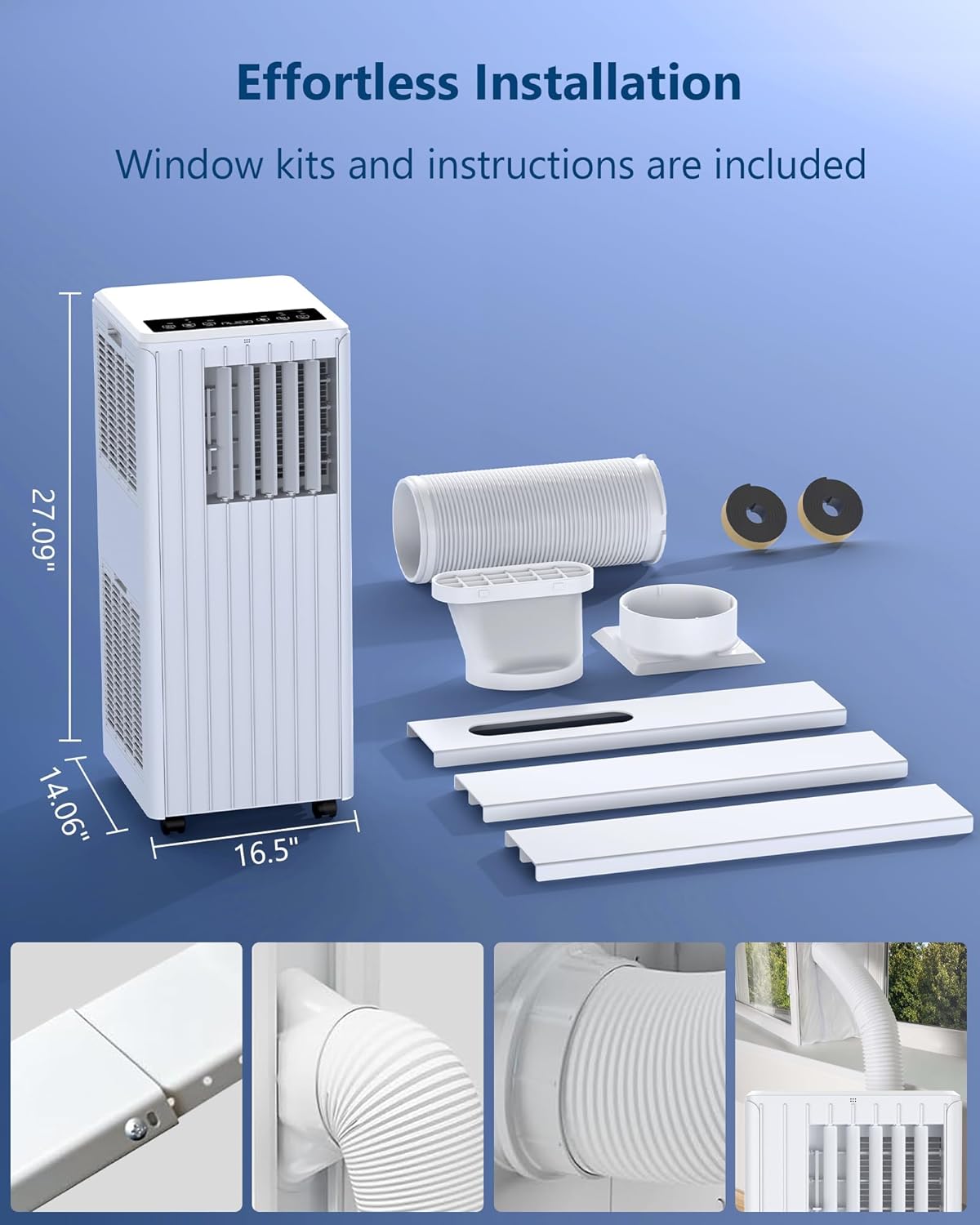 8,000 BTU Portable AC Unit – 3-In-1 Cooling, Dehumidifier & Fan for 350 Sq.Ft Spaces, Easy Setup with Window Kit, Remote & Timer (White)