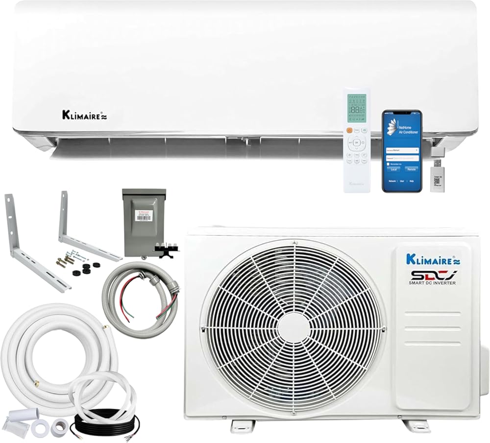 Klimaire 12,000 BTU 21.4 SEER2 Ductless Mini-Split Inverter Air Conditioner Heat Pump System with All-Inclusive 16' Installation Kit, Wall Bracket, Electrical Disconnect Box & Liquid-Tight Whip (230V)