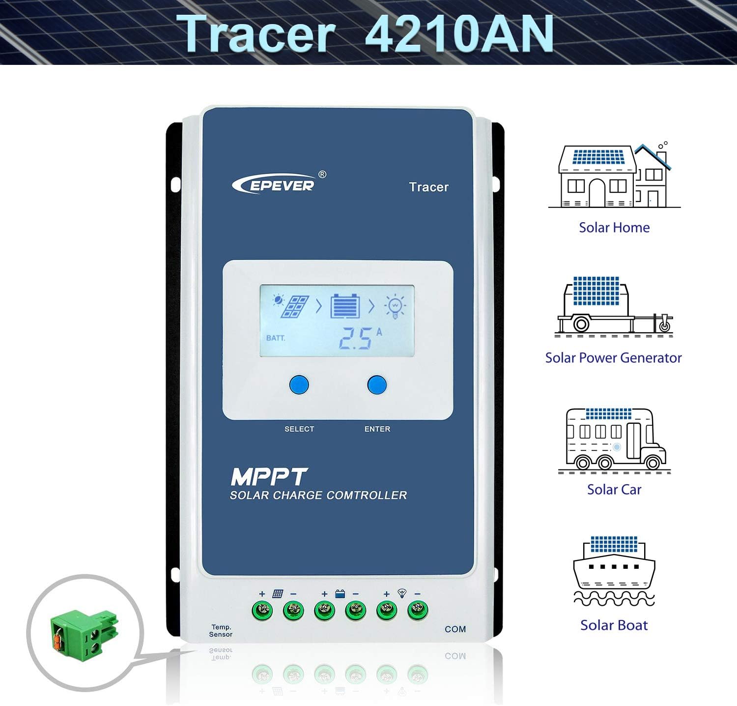 EPEVER 40A MPPT Solar Charge Controller 12V/520W, 24V/1040W, Common Negative Grounding, Work for Lead-Acid Sealed /Gel(AGM)/Flooded and Lithium Battery Charging(Tracer4210AN G3)