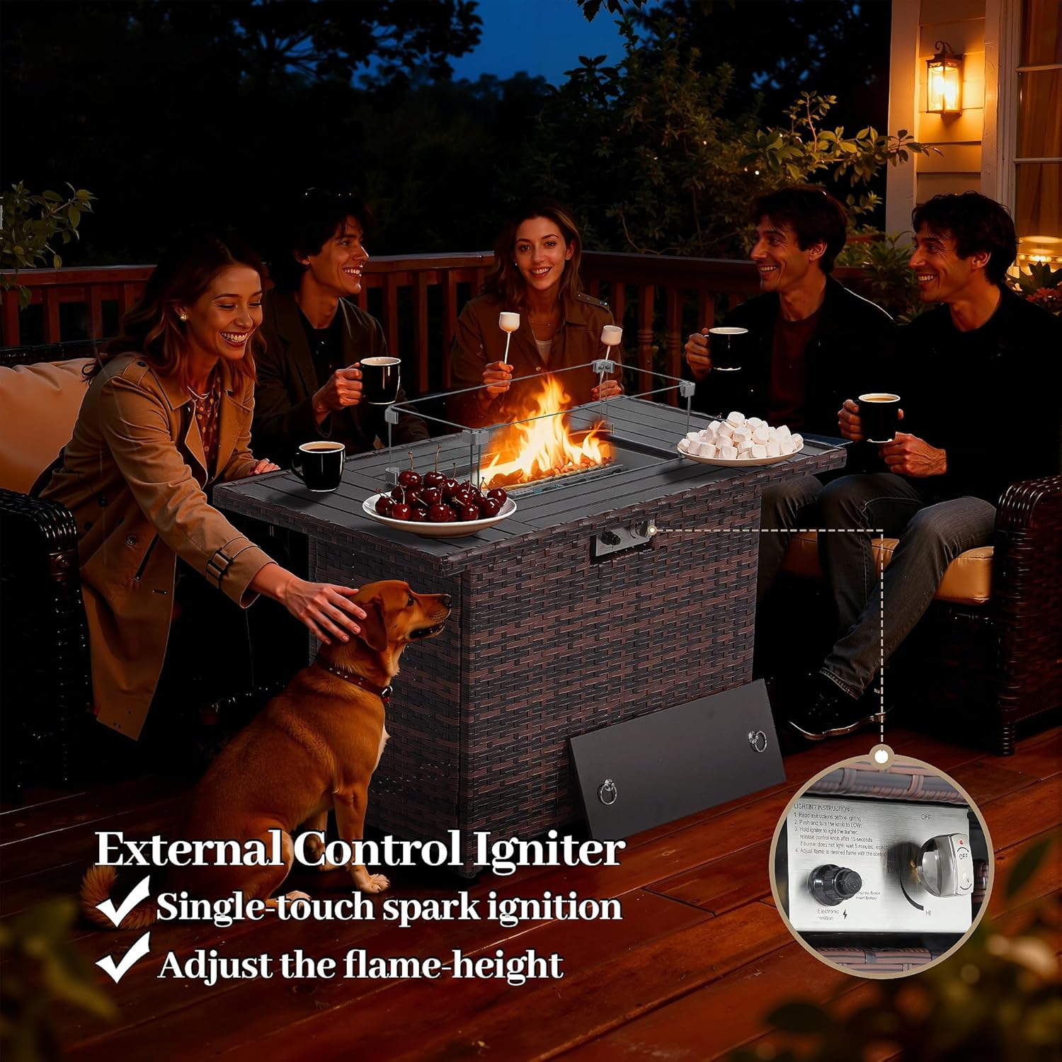 EortheX 44 Inch Propane Fire Pit, Steel Gas Fire Feature Table with Iron Lid,Glass Rock, Rain Cover and Tempered Glass Wind Guard for Outside Garden Backyard Deck Patio