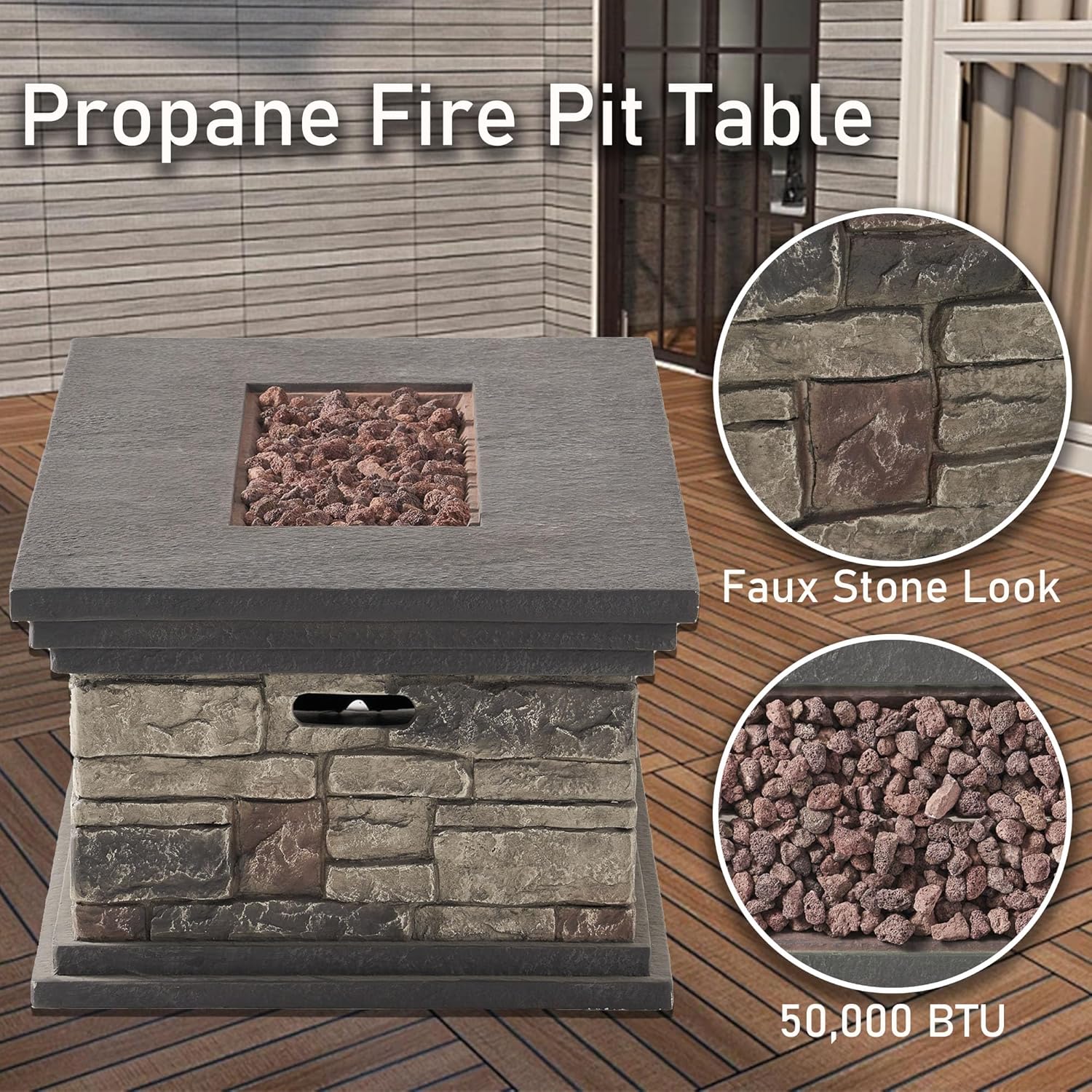 56'' Propane Fire Pit Table, 50,000 BTU Rectangle Outdoor Gas Firepit, Imitation Stone Concrete fire Pit Table with Auto-Ignition for Patio, Deck, Garden
