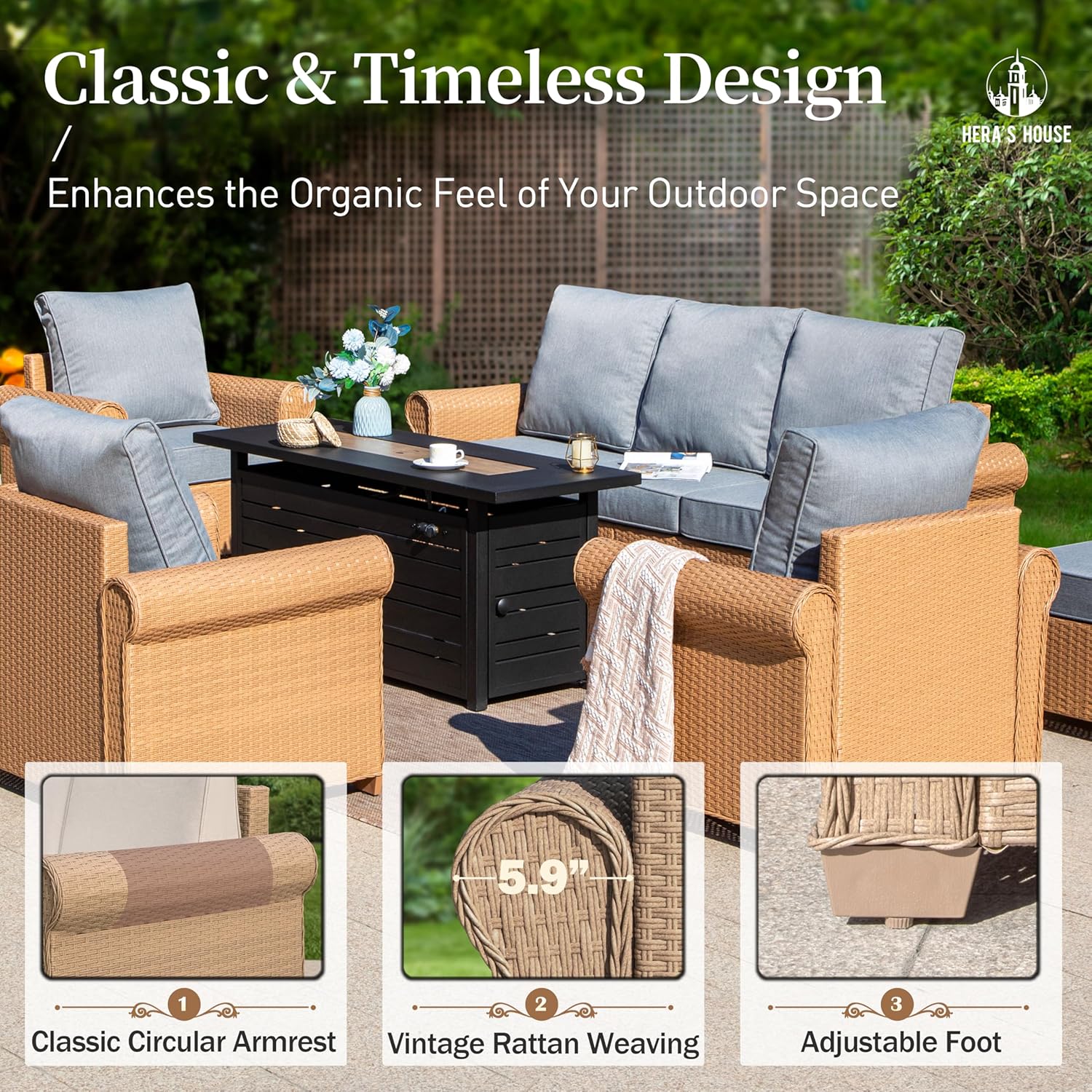 HERA'S HOUSE 8-Piece Patio Furniture Set, All Weather 9 Seats Outdoor Wicker Sofa with Ottomans, Rattan Patio Conversation Set with 5.5