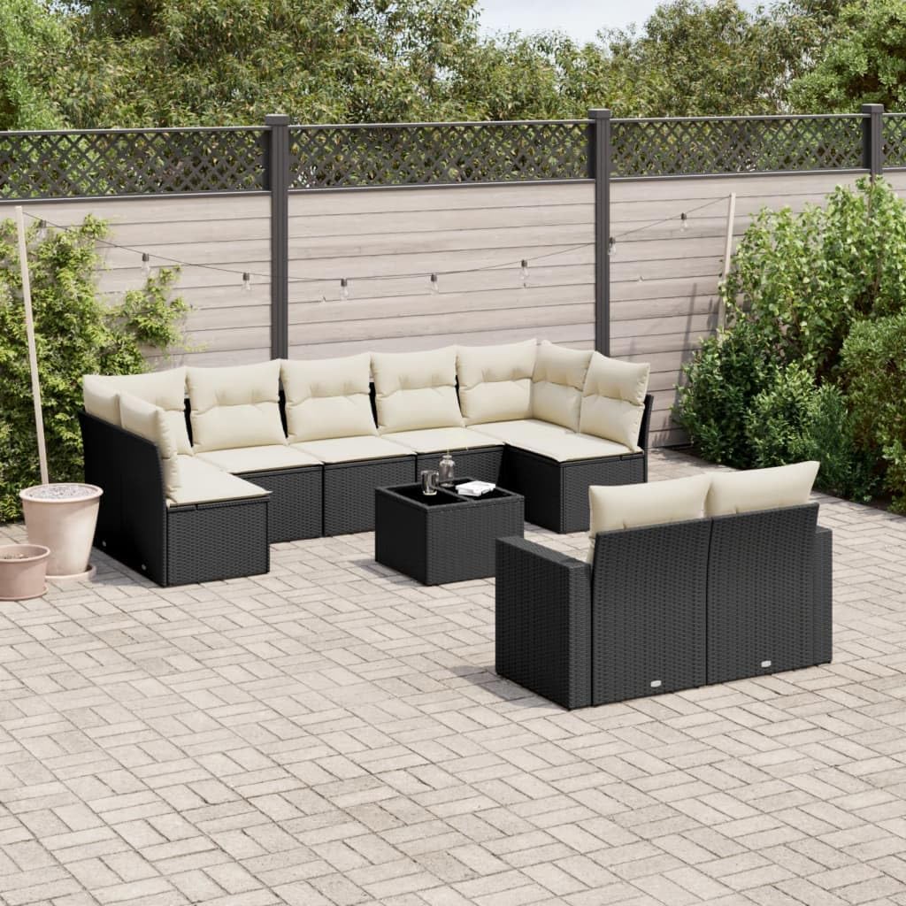 10 Piece Garden Sofa Set, Black Cream White Poly Rattan Outdoor Sectional Seating with Cushions, Modular Patio Furniture for Balcony, Weather-Resistant