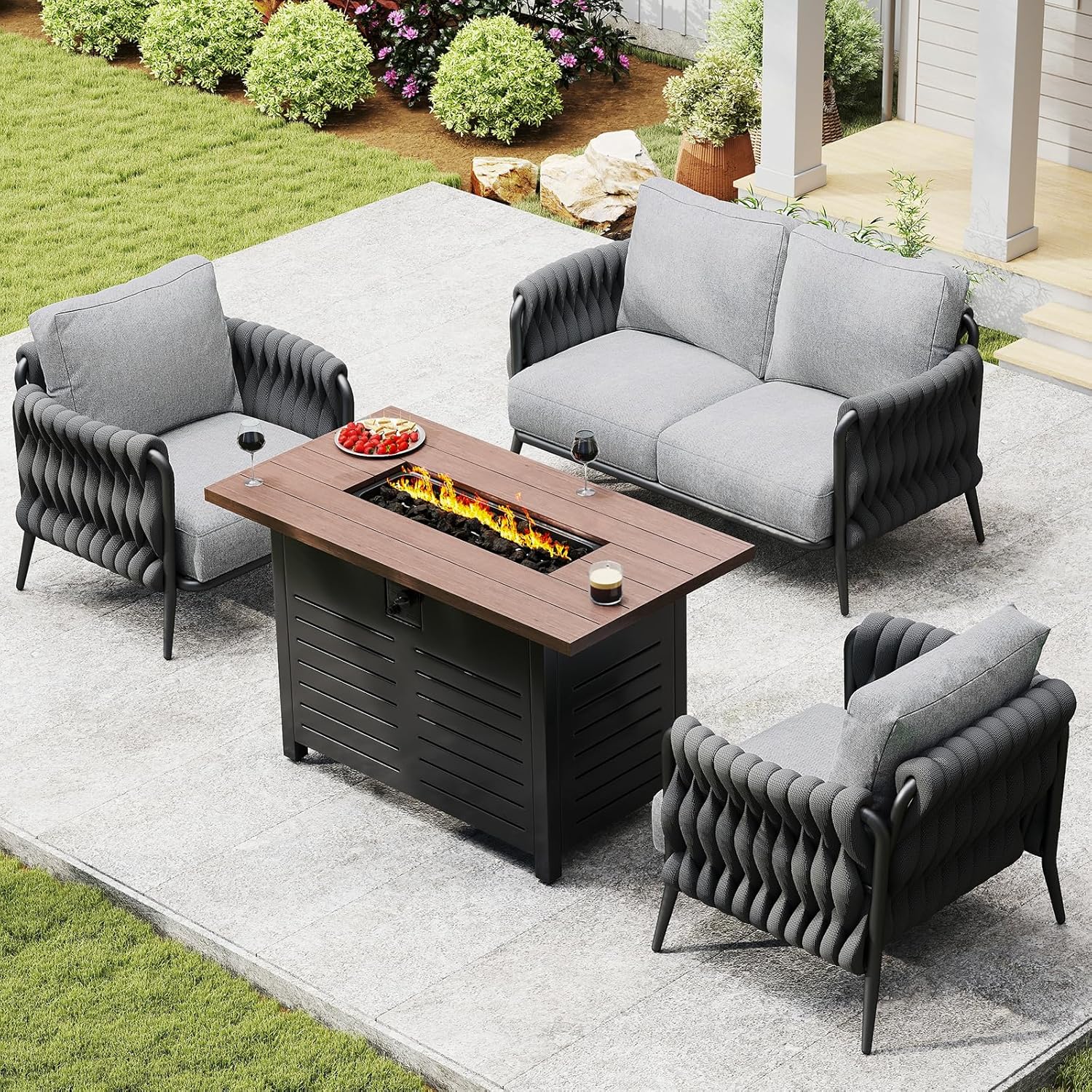 4 Seats Outdoor Patio Sofa Set with 42 Inch Gas Fire Pit Table 50000 BTU Propane Firepit for Deck Garden Backyard Balcony