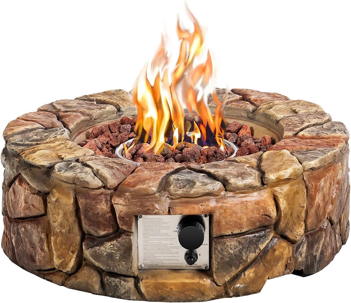 Giantex Gas Fire Pit, 28 Inch 40,000 BTU Propane Fire Pit Outdoor w/Natural Stone, Cover, ETL Certification, Stainless-Steel Gas Burner w/Electronic Ignition Lava Rock (Brown)