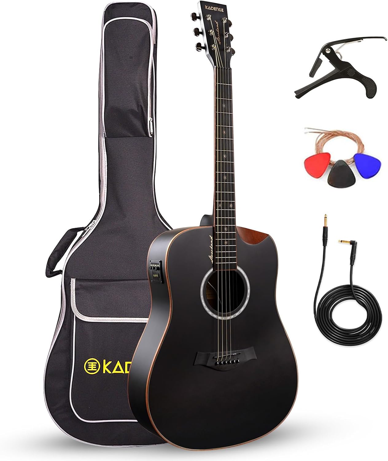 Kadence Slowhand Jumbo Semi Acoustic Guitar(Sh04) – Premium Black Spruce Wood with Heavy Padded Bag, Guitar Cable, Pro Capo, Set Of Strings, Picks with Learning Course