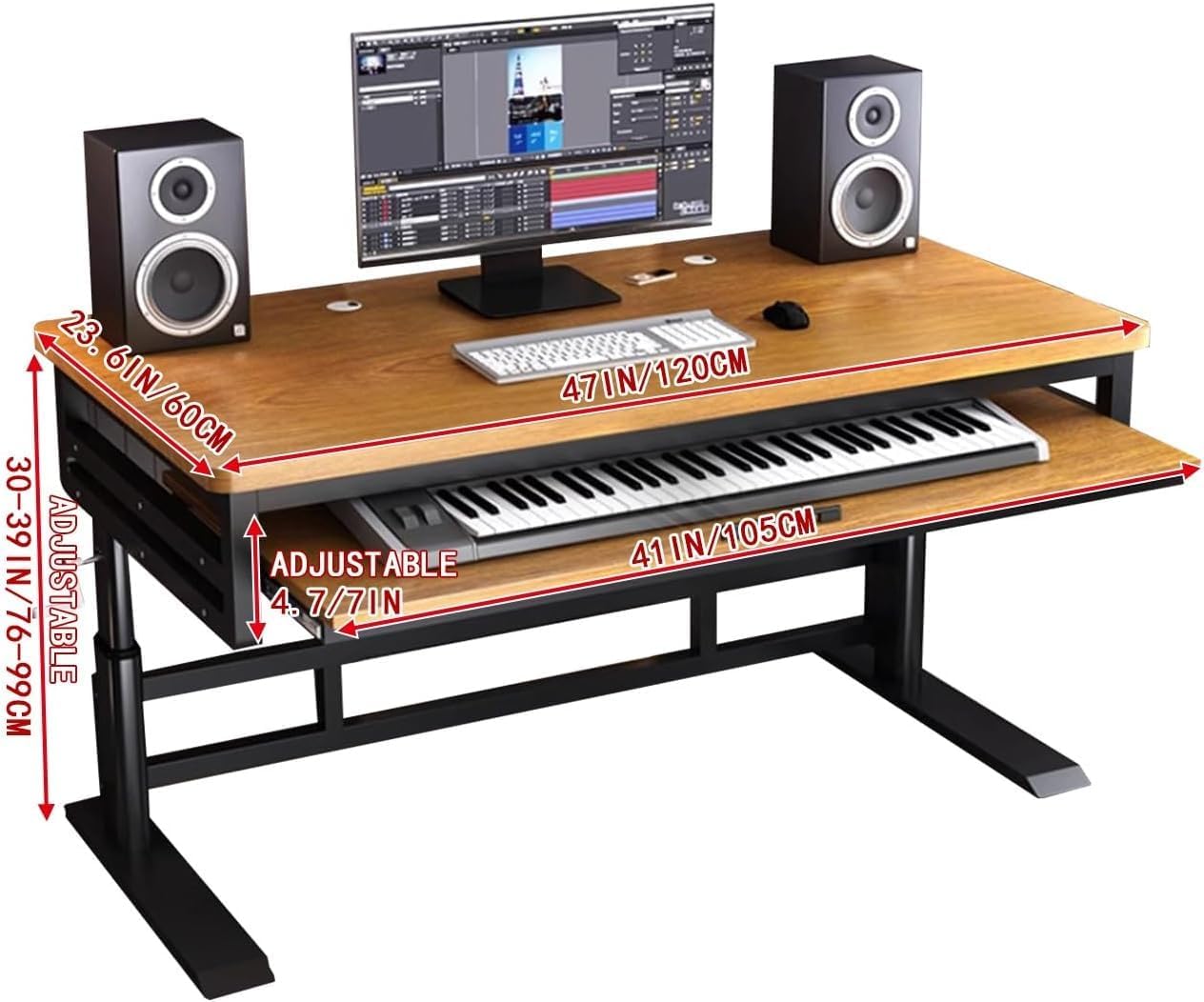 Studio Desk with Keyboard Tray | Hand-Crank Adjustable Standing Desk Workstation for Music Production, Cable Management, MIDI Keyboard Shelf (Black, 47in)
