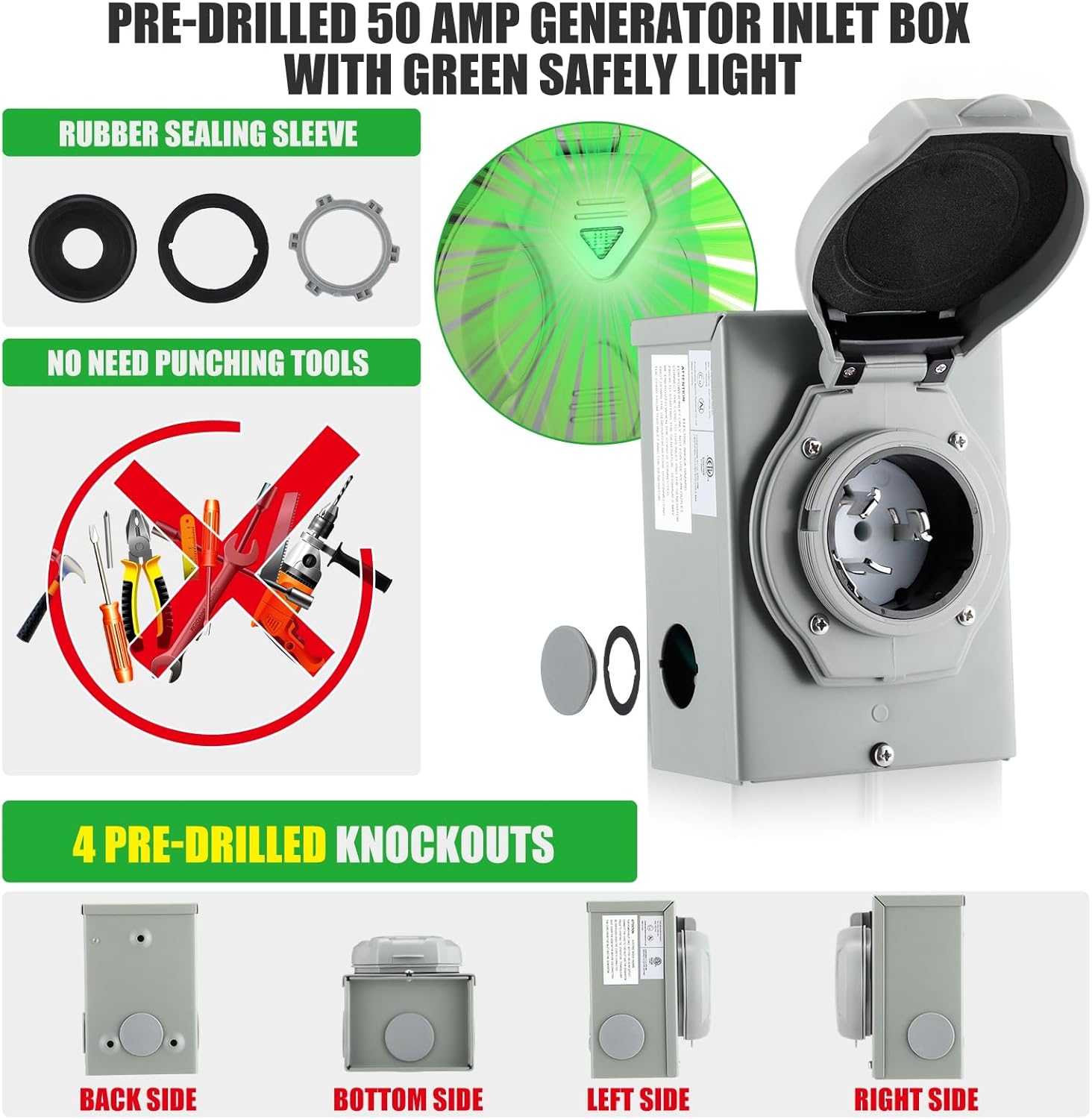 Gisafai 50 Amp 20FT Generator Cord and Pre Drilled Power Inlet Box Compatible with NEMA 14-50P to SS2-50R 125/250V Locking Connector with SS2-50P Generator Inlet Box to House, ETL Listed