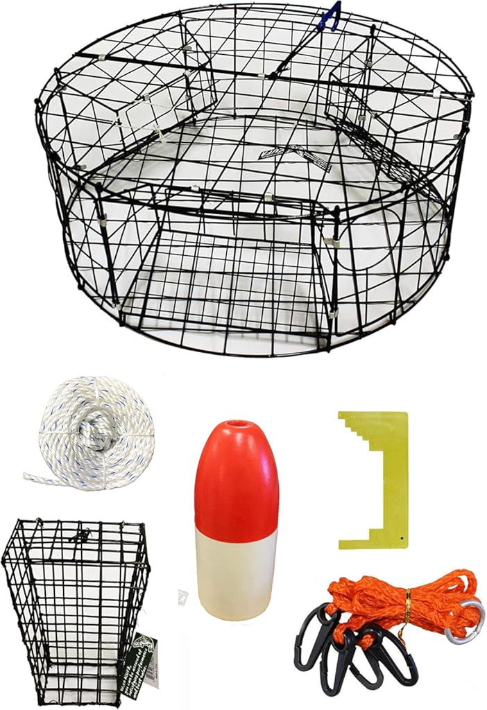 KUFA Vinyl Coated Round Crab Trap & Accessory Kit (100' Non-Lead Sinking Line, Caliper,Harness,Metal Bait cage & 13