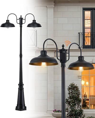 Outdoor Post Light, Dusk to Dawn Outdoor Lamp Post Lights 2-Head Farmhouse Street Light Fixture, Exterior Black Pole Lights, Waterproof Lantern Lamp Outdoor Lighting for Garden, Patio, Pathway