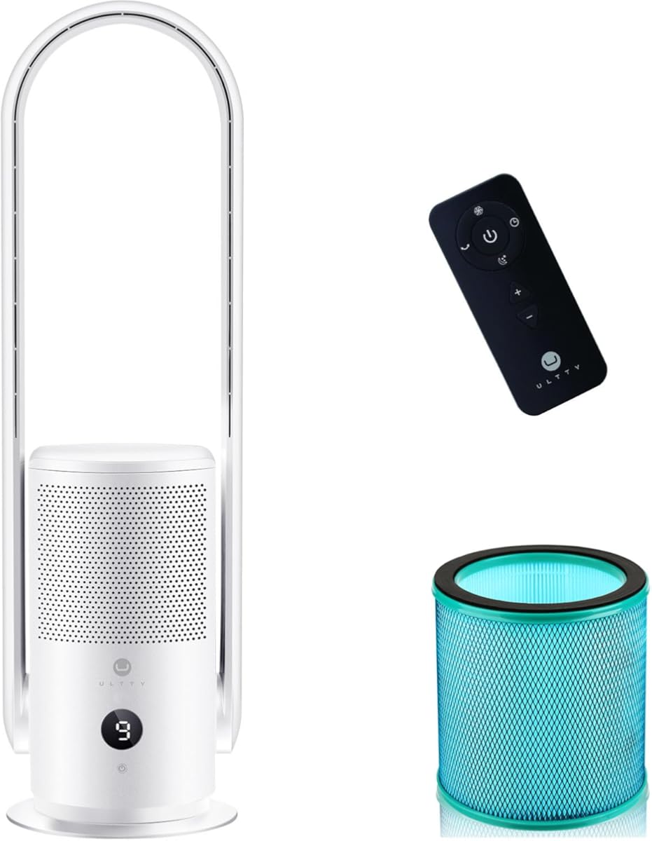 U ULTTY Bladeless Tower Fan and Air Purifier in one, True HEPA Filter 99.97% Smoke Dust Pollen Dander, Oscillating Tower Fan with Remote Control CR022D, White