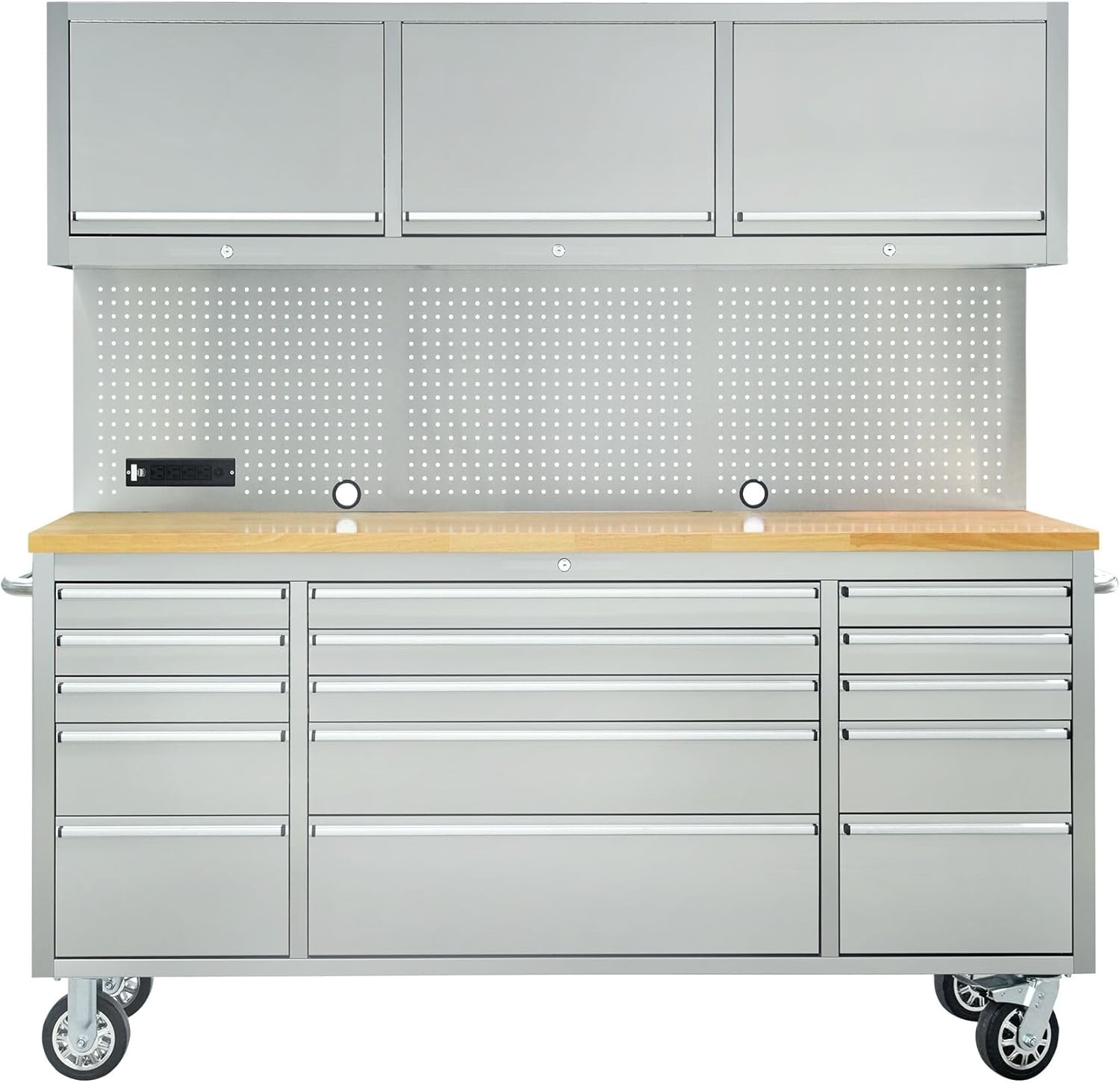 CT Copper Tailor 72-inch Rolling Tool Chest with Integrated Power Strip,15 Drawers and Wheels, Garage Workbench with Storage, 3 Upper Cabinets, Pegboard in Stainless Steel