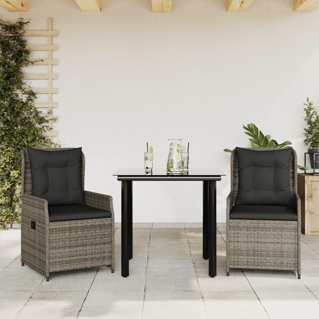 3 Piece Garden Dining Set, Grey Black Synthetic Rattan Patio Furniture, Outdoor Table and Chairs for Balcony, Weather-Resistant, Compact Square Design