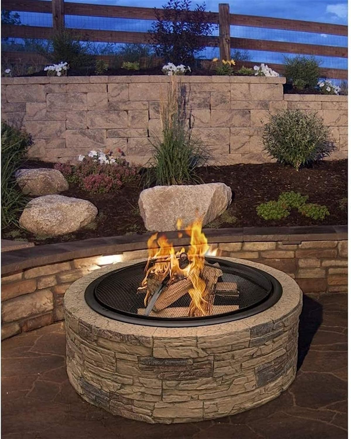 Fire Pit Wood Burning Wood Heating Faux Stone Brazier Patio Fire Pit Outdoor Grill and Spark Screen BBQ Stove Bonfire Stove Roasting Stove Brazier