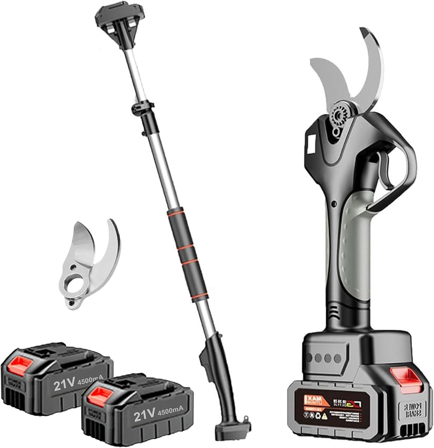 Electric Pruning Shears with Extension Rod, 50mm Electric Garden Shears with 4500mAh Lithium Battery, Tree Branch Pruner for Orchards and Yards,2 Battery