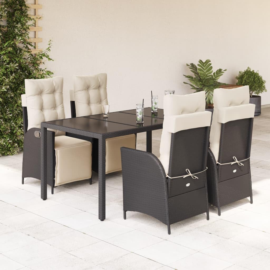 5 Piece Patio Dining Set with Cushions Black Poly Rattan,Versatility Garden Dining Set with Adjustable Reclining Chairs and Tempered Glass Table Furniture Sets for Patio, Lawn & Garden