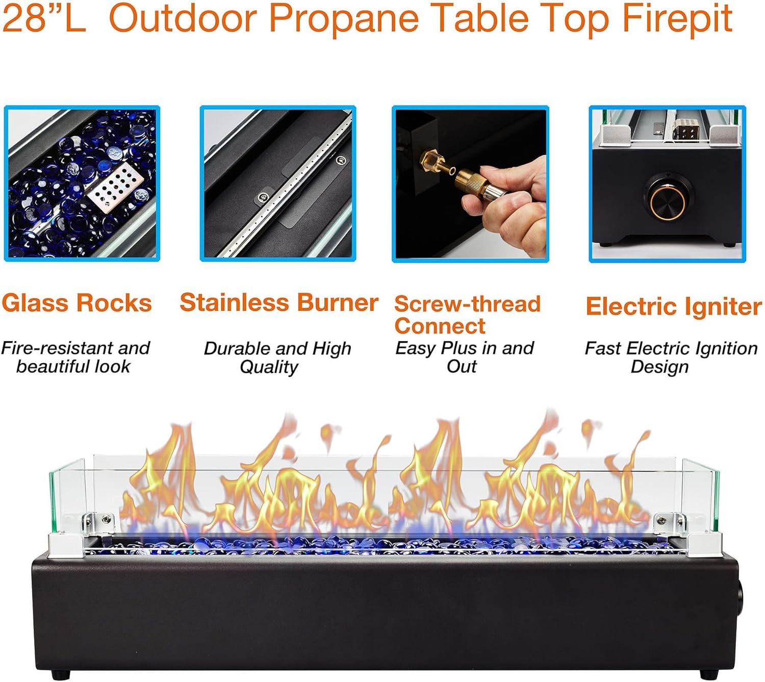 28-inch Table Top Propane Fire Pit, 40,000 BTU Tabletop Firepit for Patio, Outdoor Portable Rectangular Fire Bowl w/Wind Glass Shield, Glass Rocks - Black