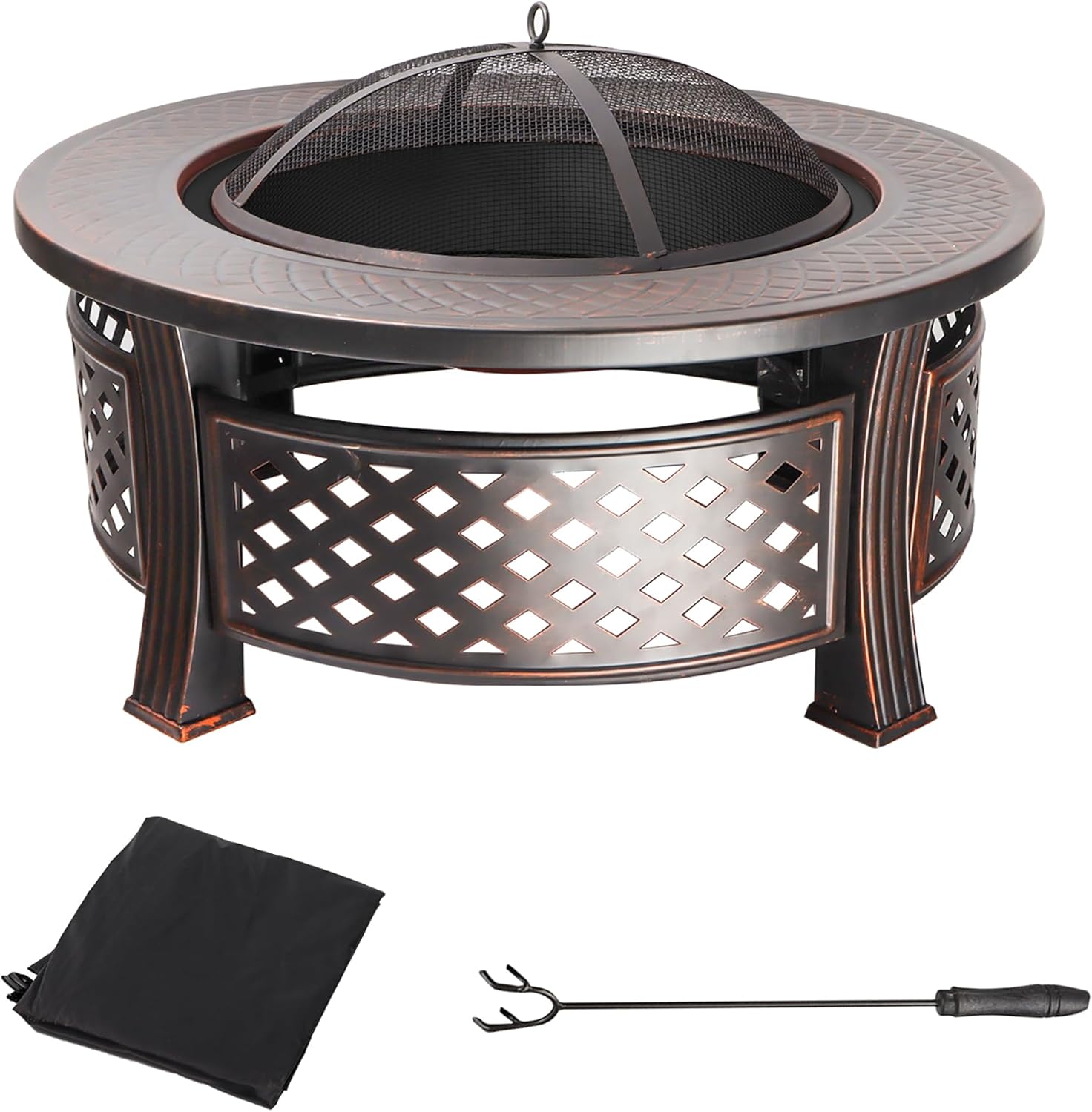 32-Inch Round Fire Pit Table, Metal Wood Burning Fireplace/Firepit with Fire Grate, Spark Screen Lid, Steel Bowl, Poker