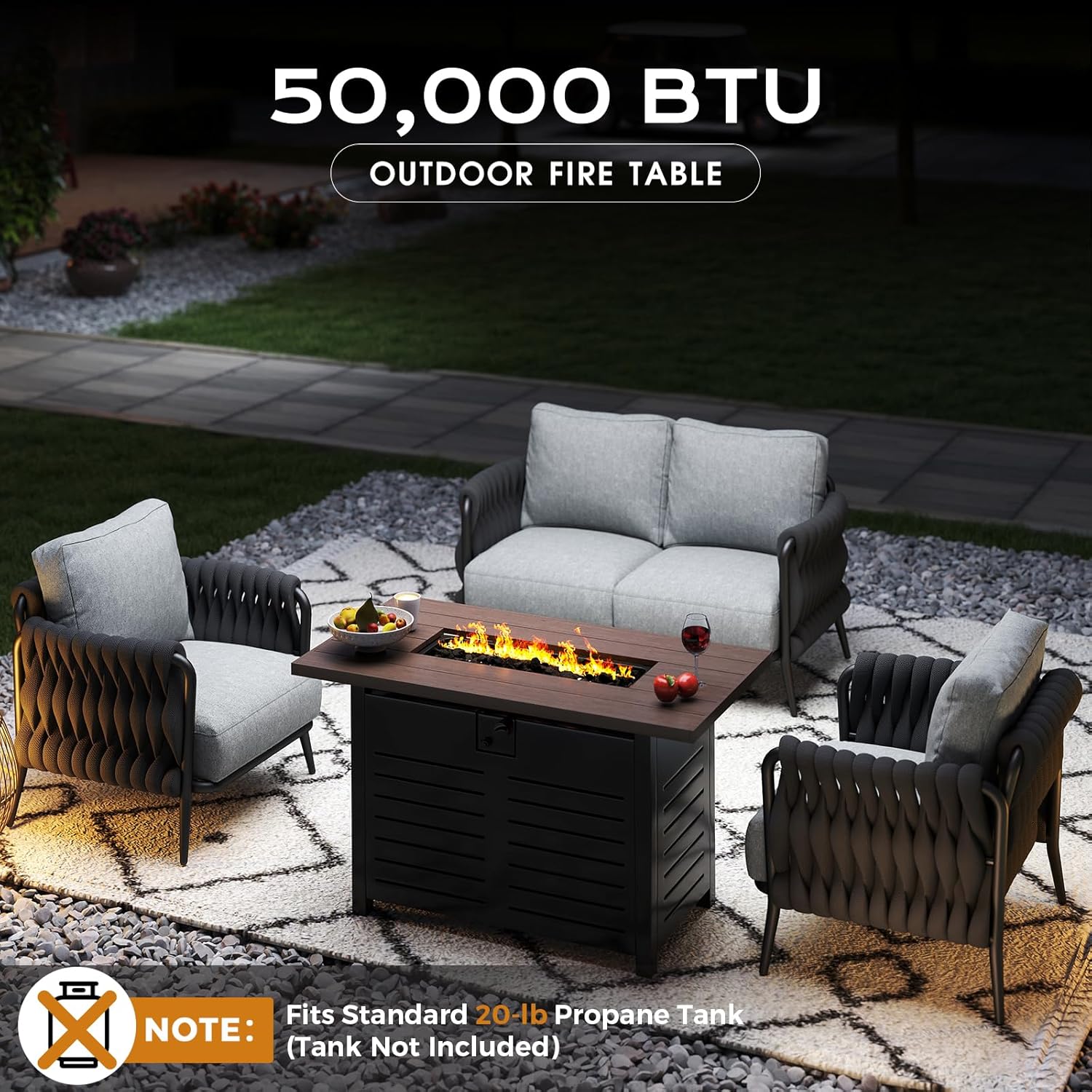 4 Seats Outdoor Patio Sofa Set with 42 Inch Gas Fire Pit Table 50000 BTU Propane Firepit for Deck Garden Backyard Balcony