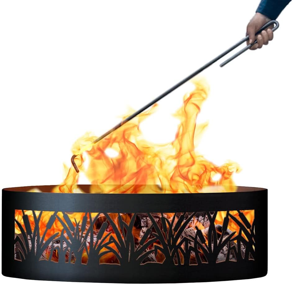 PD Metals CFR00930-FP Cattail Unpainted 12 in. Tall 30 in. Diameter Outdoor Fire Ring with Fire Poker - 30 x 30 x 12 in. - Rustic Black Color