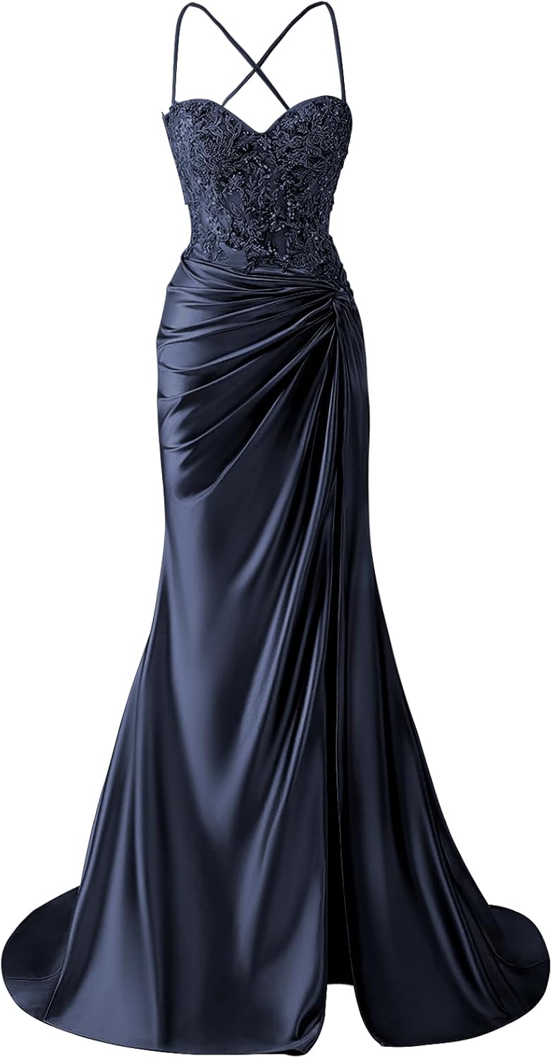 BOLENSYE Corset Prom Dresses Long Satin Lace Appliques Ball Gowns Mermaid Evening Dress with Slit