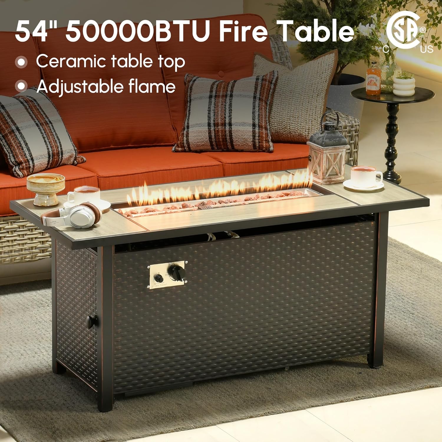 10 PCS Outdoor Patio Furniture Set with Fire Pit Table and Swivel Rocking Chairs,Patio Seating Sofa and Chair Set,All Weather Wicker Outdoor Conversation Sets for Garden Deck Yard,Orange Red