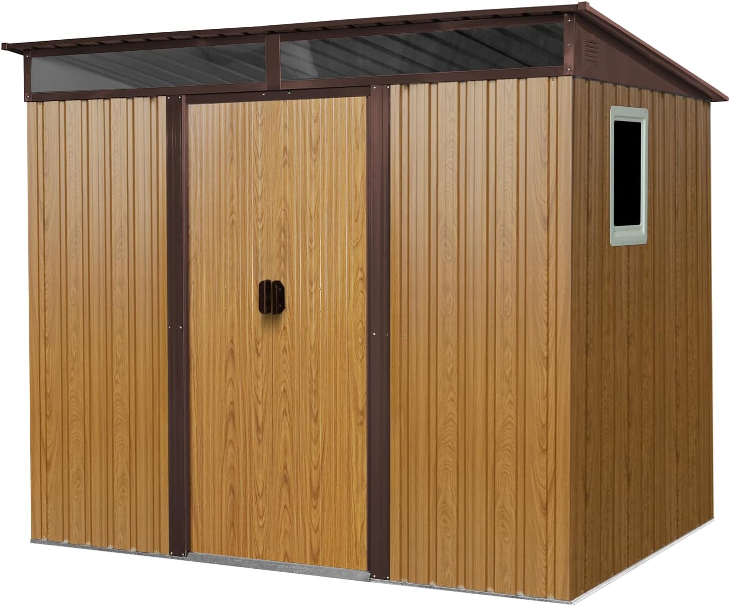 8 x 6 FT Outdoor Storage Shed, Metal Garden Shed with Window, Sliding Doors & Transparent Plate, Tool Shed Tiny House Vertical Outside Storage Building for Backyard, Coffee