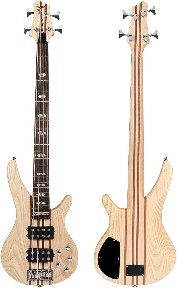 Bullfighter Elem Electric Bass Guitar Through Body 4/5 Strings Full Size P Bass Beginner Kit Black for Starter with Gig Bag, Guitar Strap, and Bass Guitar Cable DBS Series (wood-4string)